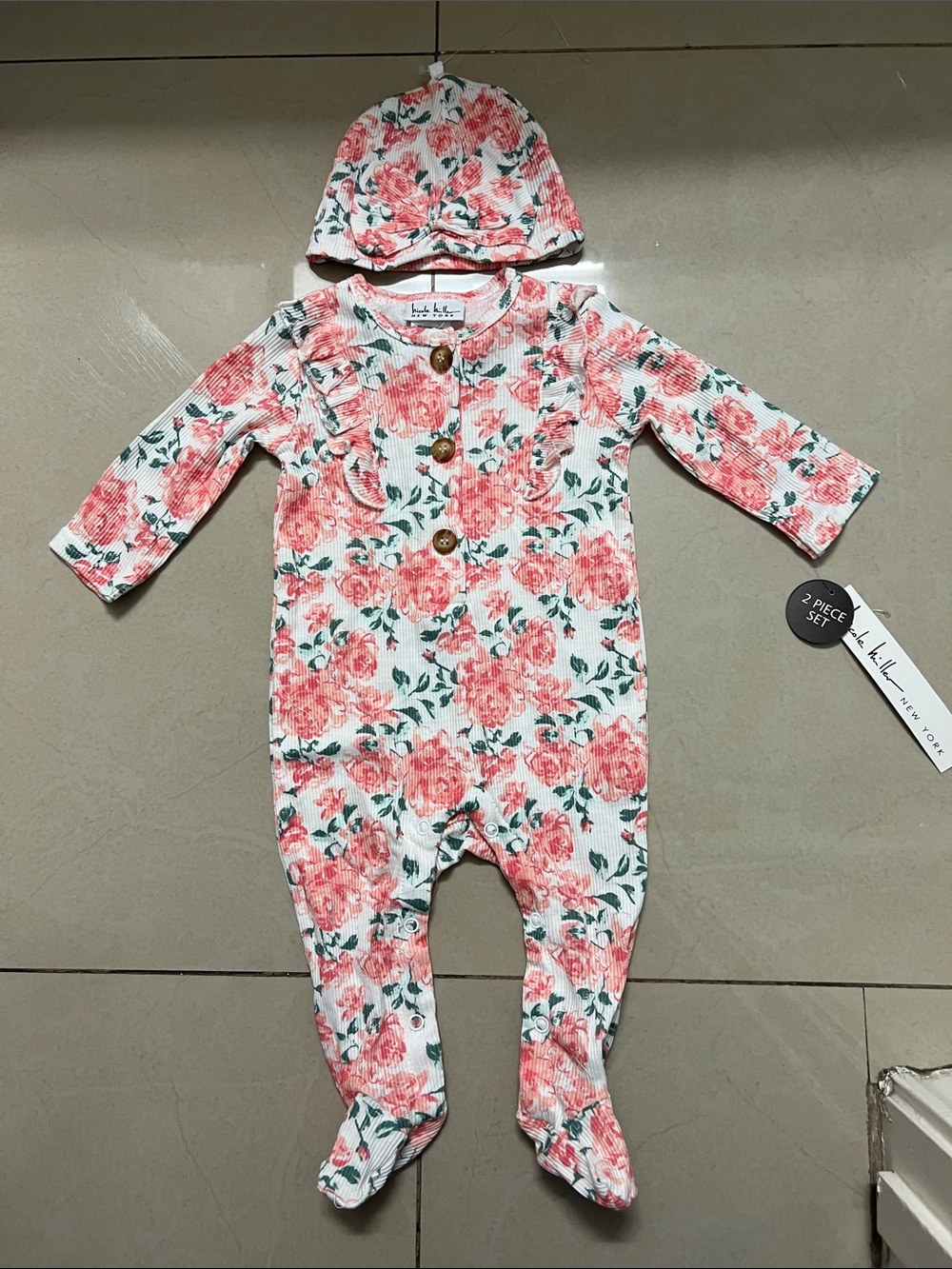 Floral Pink Baby One-Piece with Hat - Soft Ribbed Cotton